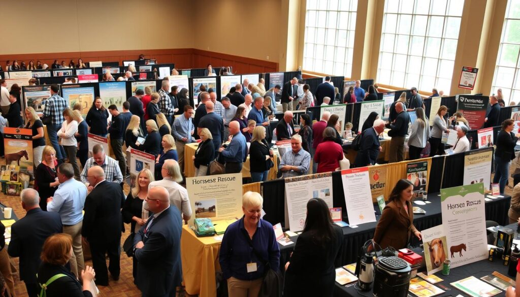 A vibrant vendor hall at a horse rescue convention, bustling with activity. In the foreground, a diverse group of attendees dressed in professional business attire and modest casual clothing engage with vendors at colorful booths displaying horse care products, adoption information, and educational materials. The middle ground features tables adorned with banners showcasing various horse rescues and welfare organizations, while representatives share insights and resources with enthusiastic visitors. In the background, large windows let in warm, natural light, creating an inviting atmosphere. The scene captures a sense of community and passion for horse welfare, with people exchanging ideas and forming connections, reflecting an uplifting and hopeful mood. A vibrant vendor hall at a horse rescue convention, bustling with activity. In the foreground, a diverse group of attendees dressed in professional business attire and modest casual clothing engage with vendors at colorful booths displaying horse care products, adoption information, and educational materials. The middle ground features tables adorned with banners showcasing various horse rescues and welfare organizations, while representatives share insights and resources with enthusiastic visitors. In the background, large windows let in warm, natural light, creating an inviting atmosphere. The scene captures a sense of community and passion for horse welfare, with people exchanging ideas and forming connections, reflecting an uplifting and hopeful mood.
