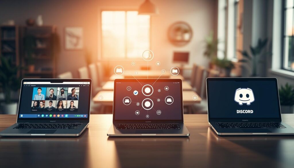 A visually engaging, professional comparison graphic illustrating three webinar platforms: Zoom, Teams, and Discord. In the foreground, depict three distinct laptops, each displaying a vibrant representative interface of the platform, emphasizing key features like video calls and chat functions. The middle layer should include abstract icons symbolizing connectivity and virtual communication, such as linked network nodes or digital sound waves. In the background, a soft-focus office environment bathed in warm, natural light reflects a productive and inviting atmosphere, complete with potted plants and a serene workspace. Use a slight top-down angle to create a sense of overview, enhancing clarity and focus. The overall mood should evoke professionalism, collaboration, and innovation, appealing to horse advocates seeking effective virtual solutions.