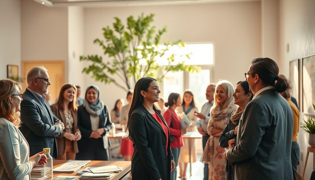 A warm and inviting scene set in a community center, showcasing a diverse immigrant support group gathering. In the foreground, a group of individuals of various ethnic backgrounds—men and women dressed in professional business attire or modest casual clothing—are engaged in friendly conversation, exchanging smiles and ideas. The middle ground features tables laden with pamphlets, brochures, and resources for immigrants, highlighting various support services. Bright, warm lighting floods the room, creating a welcoming atmosphere, with soft shadows enhancing the details. In the background, a large window lets in natural light, revealing trees swaying gently outside, symbolizing growth and hope. The ambiance conveys connection, belonging, and the spirit of paying it forward, fostering community among immigrants.