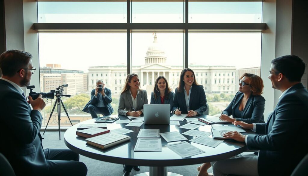 In the foreground, a diverse group of four professionals, dressed in smart business attire, passionately engage in a discussion around a round table covered with policy papers and laptops. In the middle ground, large windows reveal a bustling urban setting, with journalists taking notes and setting up cameras to capture the event, emphasizing media attention. In the background, the exterior of a government building represents the legislative framework, suggesting the importance of advocacy. Soft, natural lighting filters through the windows, creating a vibrant and hopeful atmosphere. The scene is shot from a slightly elevated angle, bringing a sense of dynamic urgency to the collaborative effort of these advocates. In the foreground, a diverse group of four professionals, dressed in smart business attire, passionately engage in a discussion around a round table covered with policy papers and laptops. In the middle ground, large windows reveal a bustling urban setting, with journalists taking notes and setting up cameras to capture the event, emphasizing media attention. In the background, the exterior of a government building represents the legislative framework, suggesting the importance of advocacy. Soft, natural lighting filters through the windows, creating a vibrant and hopeful atmosphere. The scene is shot from a slightly elevated angle, bringing a sense of dynamic urgency to the collaborative effort of these advocates.