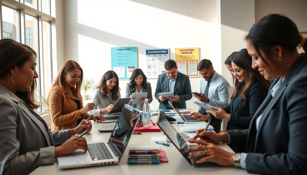 A bright and inviting workspace illustrating the volunteer sign-up process. In the foreground, a diverse group of individuals, dressed in professional business attire, are engaging with laptops and tablets as they fill out registration forms and waivers. In the middle, a table displays materials like pens, brochures, and orientation packets. To the background, a wall is adorned with posters highlighting values of community service, alongside a bulletin board with upcoming events. Soft, natural lighting streams through large windows, creating an open and welcoming atmosphere. The angle captures a dynamic view, emphasizing collaboration and enthusiasm among the volunteers as they take their first steps towards onboarding. The mood is positive and encouraging, reflecting the excitement of joining a community initiative.