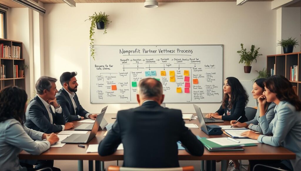A collaborative workspace depicting the nonprofit partner vetting process. In the foreground, a diverse group of professionals in business attire, including men and women of various ethnicities, gather around a large table filled with documents, laptops, and application forms, engaged in thoughtful discussion. In the middle, a large whiteboard showcases a flowchart outlining the vetting steps, with colorful post-it notes. The background features shelves filled with books on nonprofit management, along with potted plants for a touch of greenery. Soft, warm lighting enhances the inviting atmosphere, while a wide-angle perspective captures the energy and focus of the collaboration. The overall mood is one of professionalism, teamwork, and dedication to social impact. A collaborative workspace depicting the nonprofit partner vetting process. In the foreground, a diverse group of professionals in business attire, including men and women of various ethnicities, gather around a large table filled with documents, laptops, and application forms, engaged in thoughtful discussion. In the middle, a large whiteboard showcases a flowchart outlining the vetting steps, with colorful post-it notes. The background features shelves filled with books on nonprofit management, along with potted plants for a touch of greenery. Soft, warm lighting enhances the inviting atmosphere, while a wide-angle perspective captures the energy and focus of the collaboration. The overall mood is one of professionalism, teamwork, and dedication to social impact.