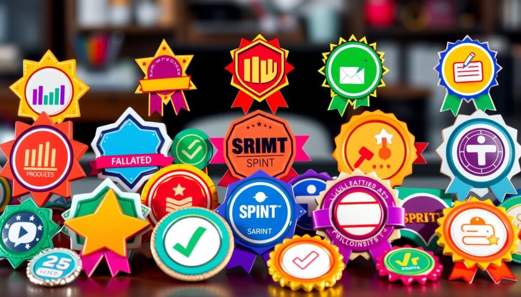 A collection of vibrant, colorful gamification badges designed for a sprint accountability program. In the foreground, showcase a variety of badges with different shapes, such as stars, shields, and ribbons, each featuring unique designs like progress bars, checkmarks, and motivational icons. The middle section includes a subtle arrangement of soft lighting to highlight the textures and colors of the badges, creating a sense of excitement and achievement. In the background, a blurred workspace ambiance suggests productivity, with hints of a desk and office supplies, enhancing the theme of teamwork and progress. The overall mood is energetic and inspiring, reflecting a culture of recognition and motivation, conveyed through bright colors and dynamic shapes. A collection of vibrant, colorful gamification badges designed for a sprint accountability program. In the foreground, showcase a variety of badges with different shapes, such as stars, shields, and ribbons, each featuring unique designs like progress bars, checkmarks, and motivational icons. The middle section includes a subtle arrangement of soft lighting to highlight the textures and colors of the badges, creating a sense of excitement and achievement. In the background, a blurred workspace ambiance suggests productivity, with hints of a desk and office supplies, enhancing the theme of teamwork and progress. The overall mood is energetic and inspiring, reflecting a culture of recognition and motivation, conveyed through bright colors and dynamic shapes.