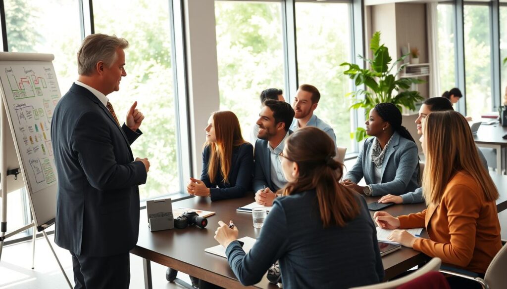 A diverse group of professionals engaged in a dynamic mastermind facilitation session, focused on collaboration and strategy. In the foreground, a facilitator, dressed in smart business attire, is guiding the discussion, using a whiteboard filled with colorful diagrams and notes. In the middle, participants from different backgrounds, also in professional attire, are seated around a large table, actively sharing ideas and taking notes. In the background, bright natural light filters through large windows, illuminating a modern conference room with greenery visible outside, creating an inspiring atmosphere. The mood is energetic and focused, captured from a slight angle to emphasize interaction and engagement among the group.