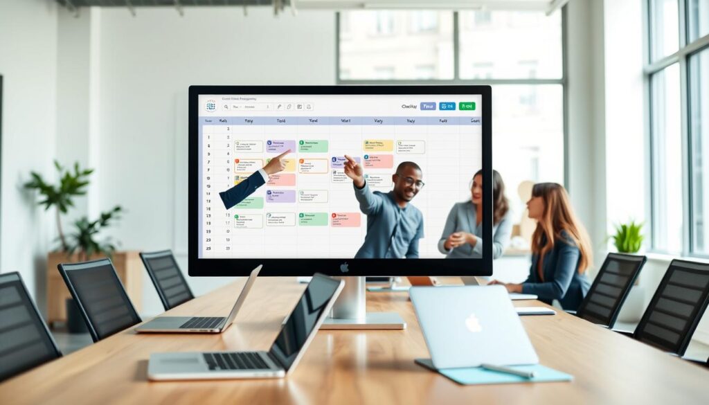 A modern, clean volunteer management tool interface displayed on a sleek computer screen, featuring an organized calendar layout with colorful scheduling blocks and reminders. In the foreground, a diverse group of three professionals, dressed in smart casual attire, engage with the interface, pointing at the calendar and discussing check-in workflows. The middle ground shows a conference table with laptops, notepads, and digital tablets, emphasizing collaboration. In the background, a large window allows ample natural light to flood the room, enhancing the inviting atmosphere. A warm color palette of greens, blues, and whites conveys a sense of friendliness and organization, reflecting an active, productive environment dedicated to community involvement. The perspective is slightly elevated, capturing both the screen and the engaged group, creating an inviting scene of teamwork and planning.