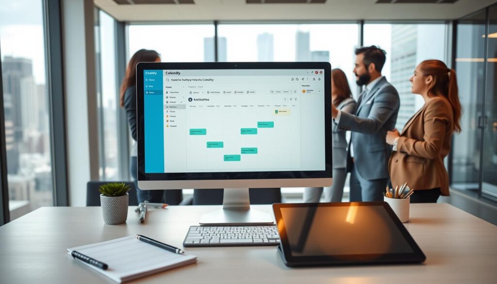 A modern office environment featuring a sleek desk setup with a computer screen displaying a vibrant, user-friendly scheduling tool like Calendly. In the foreground, focus on a well-organized workspace with a notepad and a digital tablet, suggesting productivity and efficient meeting planning. In the middle ground, show a diverse group of professionals in business attire discussing schedules and mentoring ideas, animatedly pointing at the screen. The background includes a large window allowing natural light to fill the room, with a cityscape view creating a dynamic atmosphere. Use soft, warm lighting to enhance the inviting mood, capturing a sense of collaboration and communication. The angle is slightly above eye level, giving a comprehensive view of the scene without any text or distractions. A modern office environment featuring a sleek desk setup with a computer screen displaying a vibrant, user-friendly scheduling tool like Calendly. In the foreground, focus on a well-organized workspace with a notepad and a digital tablet, suggesting productivity and efficient meeting planning. In the middle ground, show a diverse group of professionals in business attire discussing schedules and mentoring ideas, animatedly pointing at the screen. The background includes a large window allowing natural light to fill the room, with a cityscape view creating a dynamic atmosphere. Use soft, warm lighting to enhance the inviting mood, capturing a sense of collaboration and communication. The angle is slightly above eye level, giving a comprehensive view of the scene without any text or distractions.