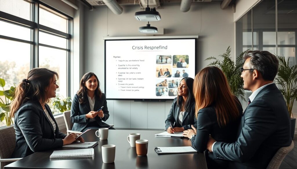 A professional crisis response debriefing and care process scene in a well-lit, modern conference room. In the foreground, a diverse group of five professionals dressed in business attire — two women and three men — engaged in a focused discussion, surrounded by notebooks and coffee cups. In the middle ground, a large whiteboard displays key points from the debriefing, while a projector shows images of community mobilization efforts. The background features large windows with natural light pouring in, plants for a touch of warmth, and a calm atmosphere. The mood should convey a sense of collaboration, reflection, and gratitude as they review their learning and support each other. The image should be inviting, embodying professionalism and teamwork in crisis management.