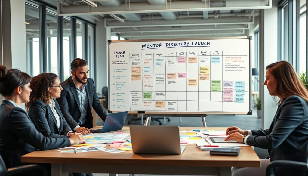 A professional setting depicting a dynamic mentor directory launch plan. In the foreground, a diverse group of four individuals wearing smart business attire, engaged in discussion around a large table strewn with colorful charts, post-it notes, and a laptop. In the middle, a large whiteboard filled with timelines, strategic objectives, and colorful markers outlining the communication calendar. The background features a modern office environment with floor-to-ceiling windows letting in soft, natural light, casting a warm glow. The mood is collaborative and energetic, reflecting focus and enthusiasm for building a mentorship program. The overall composition captures an organized yet creative atmosphere, emphasizing teamwork and innovation. A professional setting depicting a dynamic mentor directory launch plan. In the foreground, a diverse group of four individuals wearing smart business attire, engaged in discussion around a large table strewn with colorful charts, post-it notes, and a laptop. In the middle, a large whiteboard filled with timelines, strategic objectives, and colorful markers outlining the communication calendar. The background features a modern office environment with floor-to-ceiling windows letting in soft, natural light, casting a warm glow. The mood is collaborative and energetic, reflecting focus and enthusiasm for building a mentorship program. The overall composition captures an organized yet creative atmosphere, emphasizing teamwork and innovation.