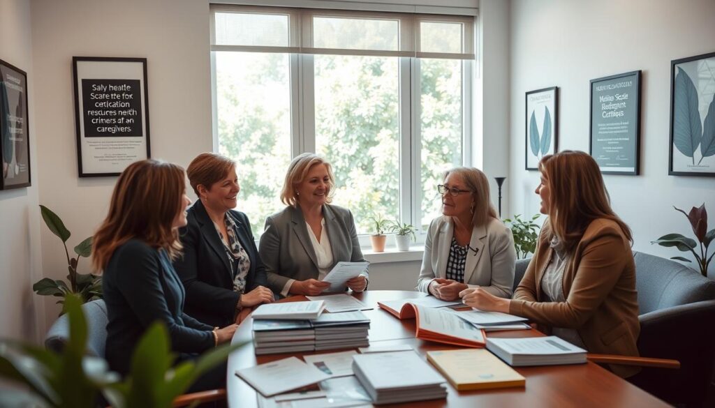 A serene office setting focusing on a professional mental health support network for caregivers. In the foreground, a diverse group of three caregivers, all in smart casual attire, engage in a warm discussion around a table filled with brochures and resource lists, showcasing referrals and crisis lines. In the middle, a large window streams soft, natural light into the room, reflecting greenery outside, creating a calm and inviting atmosphere. On the walls, framed certificates and resource posters subtly emphasize sliding-scale care options. The background includes a cozy reading nook with plants and calming artwork, enhancing the supportive mood. The overall image conveys a sense of community, support, and professionalism, emphasizing the importance of mental health resources for caregivers.