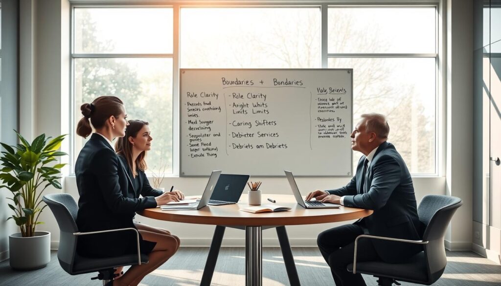 A serene office space illustrating the concept of boundaries and load management in volunteer service. In the foreground, a group of three professionals in smart business attire are engaged in a focused discussion at a round table, with documents and laptops scattered around. The middle layer features a whiteboard with notes on role clarity, shift limits, and debriefs, while a calming green plant adds a touch of nature. In the background, sunlight filters through large windows, creating a warm and inviting atmosphere. Soft, diffused lighting highlights the interactions, and a wide-angle perspective captures the collaborative setting. The overall mood is one of professionalism and support, emphasizing teamwork and clarity in managing volunteer workloads.