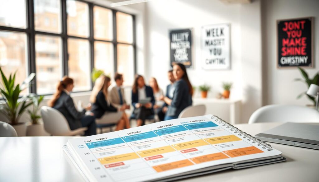 A visually appealing layout of a "12-week mastermind plan hot seat schedule" displayed on a clean, modern desk. In the foreground, a well-organized planner open to a colorful chart, detailing the weekly agenda with segmented time slots for discussions, networking, and individual challenges. The middle section features a group of diverse, professional individuals engaged in a collaborative discussion, all dressed in smart business attire, embodying the spirit of teamwork and productivity. The background contains a bright, airy office space with large windows, letting in sunlight, creating a positive and motivating atmosphere. A few plants and motivational posters add a touch of inspiration, focusing on community and growth. The lens captures the scene with a slight depth of field, emphasizing the planner while softly blurring the background, enhancing the overall inspirational mood.