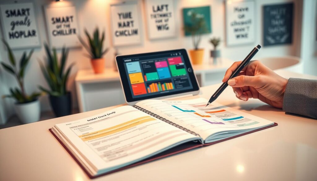 A visually engaging habit tracking framework displayed on a sleek, modern desk. In the foreground, a detailed planner open to a page filled with SMART goals, OKRs, and WIGs highlighted in different colors. Next to the planner, a pair of professional business attire-clad hands actively writing with a stylus. In the middle ground, a digital tablet shows a colorful dashboard with progress bars and checklists. In the background, a cozy office ambiance with soft, diffused lighting creates an inviting atmosphere, complemented by potted plants and motivational quotes subtly displayed on the walls. The overall mood is focused and productive, emphasizing organization and accountability. Use a wide-angle lens to capture the entire setup in a bright, inviting workspace.