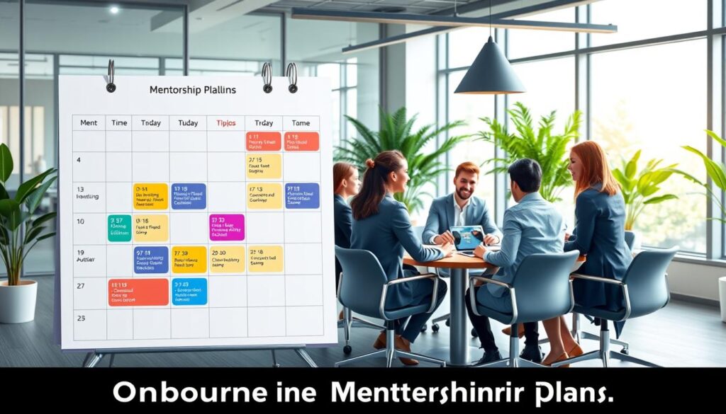 A visually engaging illustration of an onboarding schedule mentorship plan, set in a modern office environment. In the foreground, a large calendar displaying key dates and time slots for mentorship meetings, with colorful icons representing topics of discussion. In the middle, a diverse group of professionals in business attire, actively participating around a conference table, showcasing collaboration and engagement. The background features a well-lit, spacious meeting room with large windows, allowing natural light to flood in, complemented by greenery for a fresh atmosphere. The overall mood is productive and positive, emphasizing teamwork and the importance of scheduling within a mentorship program. A visually engaging illustration of an onboarding schedule mentorship plan, set in a modern office environment. In the foreground, a large calendar displaying key dates and time slots for mentorship meetings, with colorful icons representing topics of discussion. In the middle, a diverse group of professionals in business attire, actively participating around a conference table, showcasing collaboration and engagement. The background features a well-lit, spacious meeting room with large windows, allowing natural light to flood in, complemented by greenery for a fresh atmosphere. The overall mood is productive and positive, emphasizing teamwork and the importance of scheduling within a mentorship program.