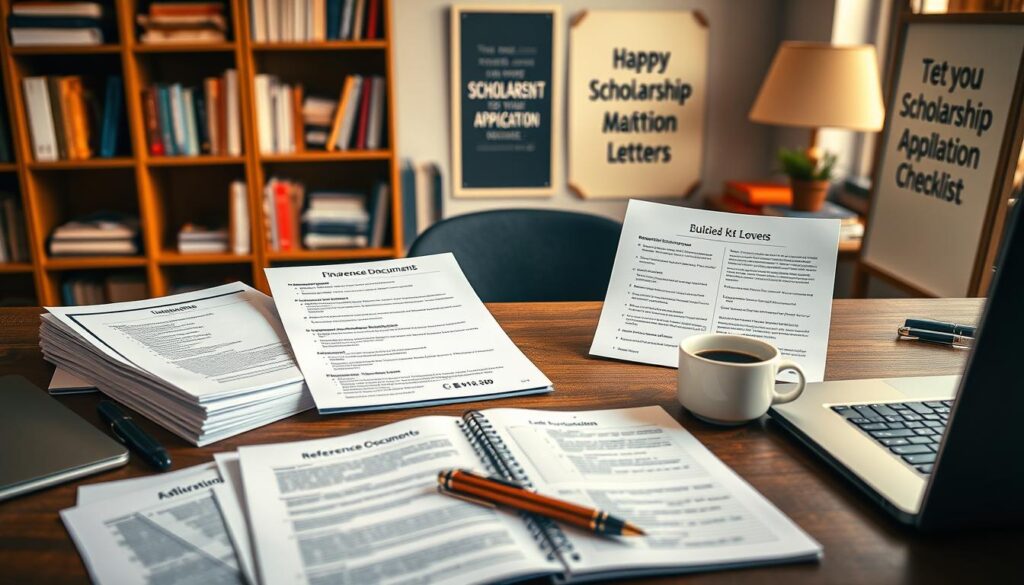 A visually organized desk scene featuring a detailed scholarship application checklist. In the foreground, there are neatly arranged documents including transcripts, essays, reference letters, and financial documents, with a stylish pen and a laptop on the side. The middle ground showcases an open notebook with handwritten notes and a cup of coffee, suggesting a studious atmosphere. The background includes softly blurred shelves filled with books and a motivational poster featuring an inspiring quote. The scene is illuminated with warm, natural light coming from a nearby window, creating an inviting and focused ambiance. The overall mood is encouraging and supportive, ideal for students preparing their scholarship applications. A visually organized desk scene featuring a detailed scholarship application checklist. In the foreground, there are neatly arranged documents including transcripts, essays, reference letters, and financial documents, with a stylish pen and a laptop on the side. The middle ground showcases an open notebook with handwritten notes and a cup of coffee, suggesting a studious atmosphere. The background includes softly blurred shelves filled with books and a motivational poster featuring an inspiring quote. The scene is illuminated with warm, natural light coming from a nearby window, creating an inviting and focused ambiance. The overall mood is encouraging and supportive, ideal for students preparing their scholarship applications.