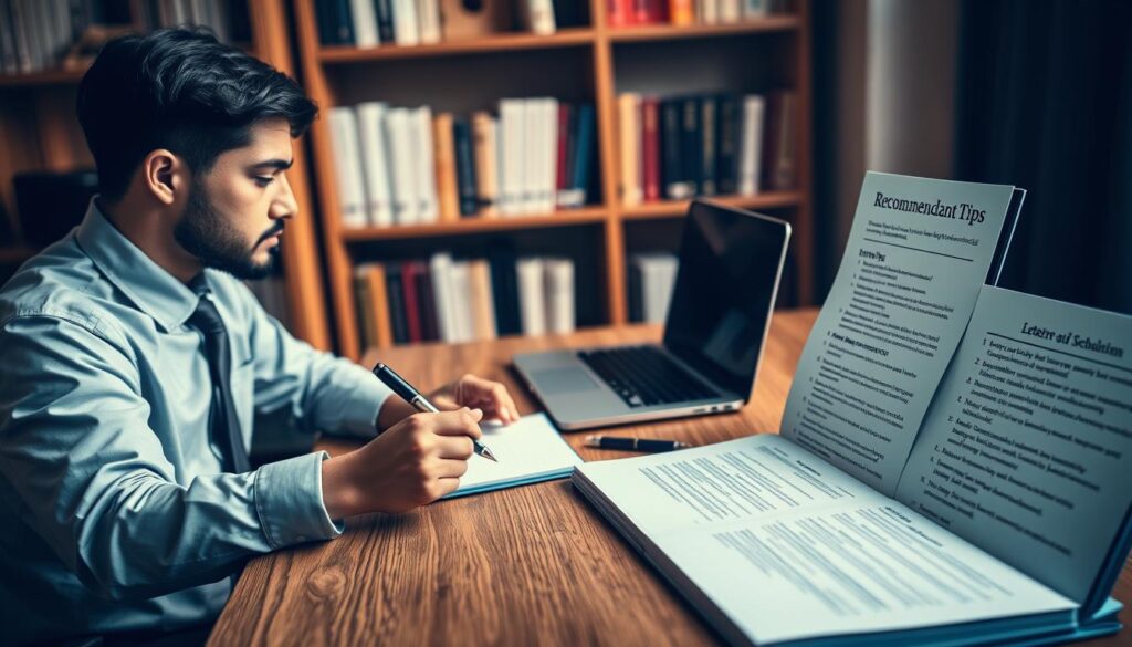 A visually striking composition showcasing a well-organized workspace dedicated to drafting strong letters of recommendation. In the foreground, a professional-looking person in business attire is seated at a wooden desk, deeply focused on taking notes. To their right, an open notebook displaying bullet points related to effective recommendation letters. In the middle, a sleek laptop is displaying a document labeled “Recommendation Tips,” with a pen poised nearby. The background features a shelf filled with books on writing and mentorship, softly blurred to keep the focus on the individual. Gentle, warm lighting filters in from a nearby window, creating a supportive and inspiring atmosphere. The overall mood is one of professionalism, encouragement, and diligence, ideal for highlighting the importance of strong recommendation letters in scholarship applications. A visually striking composition showcasing a well-organized workspace dedicated to drafting strong letters of recommendation. In the foreground, a professional-looking person in business attire is seated at a wooden desk, deeply focused on taking notes. To their right, an open notebook displaying bullet points related to effective recommendation letters. In the middle, a sleek laptop is displaying a document labeled “Recommendation Tips,” with a pen poised nearby. The background features a shelf filled with books on writing and mentorship, softly blurred to keep the focus on the individual. Gentle, warm lighting filters in from a nearby window, creating a supportive and inspiring atmosphere. The overall mood is one of professionalism, encouragement, and diligence, ideal for highlighting the importance of strong recommendation letters in scholarship applications.
