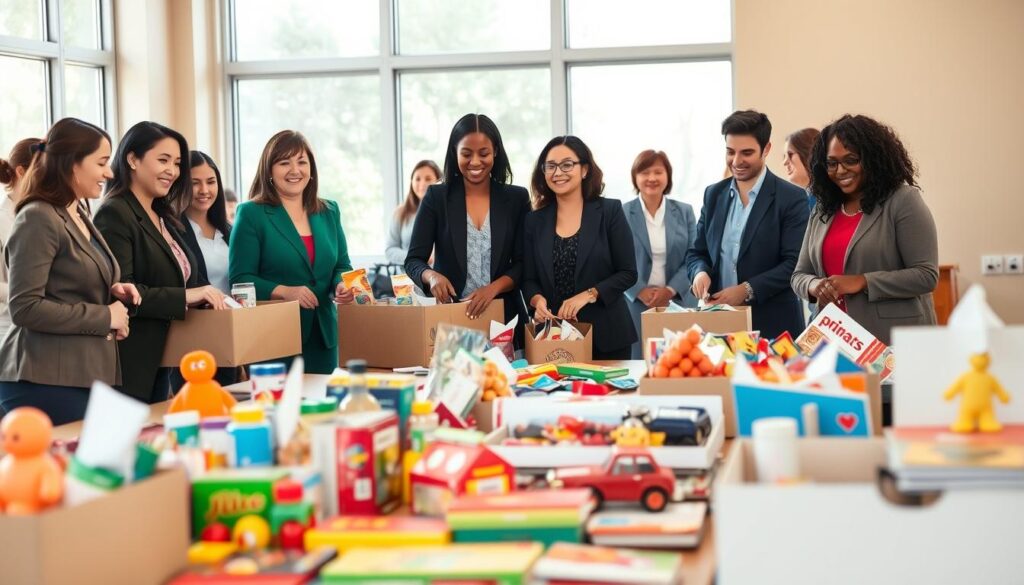 A warm and inviting scene depicting an in-kind giving drive at a community center. In the foreground, a diverse group of volunteers wearing professional business attire is sorting non-perishable food and gently used clothing into donation boxes, smiling and collaborating. The middle ground features neatly arranged tables filled with colorful items such as children's toys, household goods, and books, emphasizing the variety of donations needed. In the background, large windows allow natural light to flood the room, creating an uplifting atmosphere. Soft, diffused lighting enhances the warmth of the scene, capturing the spirit of generosity and community involvement. The overall mood is positive and encouraging, inspiring viewers to participate in charitable giving. A warm and inviting scene depicting an in-kind giving drive at a community center. In the foreground, a diverse group of volunteers wearing professional business attire is sorting non-perishable food and gently used clothing into donation boxes, smiling and collaborating. The middle ground features neatly arranged tables filled with colorful items such as children's toys, household goods, and books, emphasizing the variety of donations needed. In the background, large windows allow natural light to flood the room, creating an uplifting atmosphere. Soft, diffused lighting enhances the warmth of the scene, capturing the spirit of generosity and community involvement. The overall mood is positive and encouraging, inspiring viewers to participate in charitable giving.