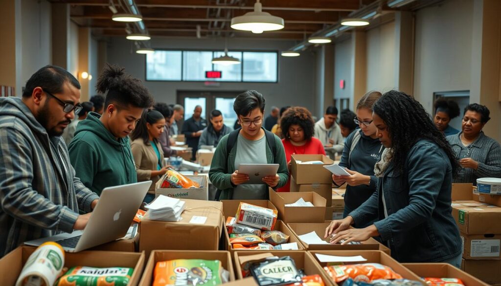 Volunteers of diverse backgrounds coordinate a bustling mutual aid distribution hub in a community center. In the foreground, individuals in modest casual clothing actively engage in sorting donations, with boxes of food and supplies meticulously organized around them. In the middle ground, a volunteer is seen using a laptop to manage logistics and communicate with other team members, while others check in on neighbors, ensuring wellness and support. The background features a welcoming community space, with bright overhead lights casting a warm glow, creating a sense of urgency and camaraderie. The scene captures an atmosphere of hope and determination, with focused expressions on each volunteer's face, highlighting their dedication. The composition emphasizes teamwork in action, showcasing a variety of activities that underline community mobilization in times of need.