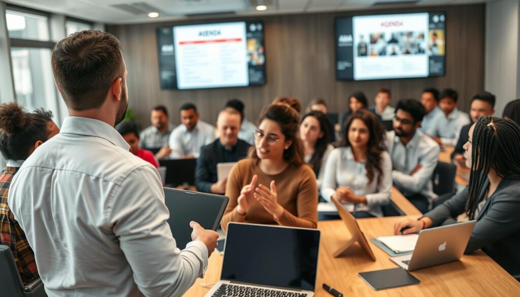 A modern office environment during a professional AMA session, focusing on diverse participants engaging actively. In the foreground, a well-dressed moderator holds a tablet, guiding the discussion with a confident demeanor. In the middle, attentive audience members represent different backgrounds, nodding and taking notes, while laptops and notepads are visible on the tables. The background features a large screen displaying a visually appealing agenda, with soft lighting illuminating the room and creating an inviting atmosphere. Use a wide-angle lens to capture the dynamics of the space, emphasizing the collaborative spirit and professionalism of the event. The scene conveys a sense of engagement, insight, and productivity, showing that real value is being delivered in this AMA session. A modern office environment during a professional AMA session, focusing on diverse participants engaging actively. In the foreground, a well-dressed moderator holds a tablet, guiding the discussion with a confident demeanor. In the middle, attentive audience members represent different backgrounds, nodding and taking notes, while laptops and notepads are visible on the tables. The background features a large screen displaying a visually appealing agenda, with soft lighting illuminating the room and creating an inviting atmosphere. Use a wide-angle lens to capture the dynamics of the space, emphasizing the collaborative spirit and professionalism of the event. The scene conveys a sense of engagement, insight, and productivity, showing that real value is being delivered in this AMA session.