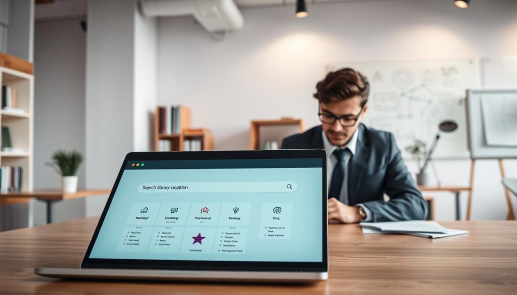A modern, sleek user interface for search and navigation design, set in a professional workspace. In the foreground, an open laptop displays an interactive search bar with intuitive icons and navigation features, reflecting smooth user experience design. The middle ground features a person in smart casual attire, analyzing the interface with focus and engagement. The background includes a minimalist office environment with soft, diffused lighting, highlighting modern design elements like shelves filled with resources and a large whiteboard with brainstorming sketches. The atmosphere is collaborative and productive, emphasizing clarity and usability in digital navigation. Shot at a slight angle to create depth, this image captures a seamless blend of technology and human interaction in digital library navigation. A modern, sleek user interface for search and navigation design, set in a professional workspace. In the foreground, an open laptop displays an interactive search bar with intuitive icons and navigation features, reflecting smooth user experience design. The middle ground features a person in smart casual attire, analyzing the interface with focus and engagement. The background includes a minimalist office environment with soft, diffused lighting, highlighting modern design elements like shelves filled with resources and a large whiteboard with brainstorming sketches. The atmosphere is collaborative and productive, emphasizing clarity and usability in digital navigation. Shot at a slight angle to create depth, this image captures a seamless blend of technology and human interaction in digital library navigation.