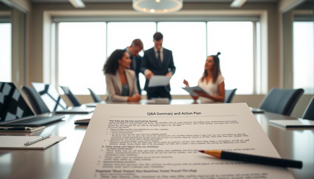 A professional office setting featuring a smart conference table adorned with laptops, notepads, and pens. In the foreground, there is a close-up of an elegant printed document titled "Q&A Summary and Action Plan," with bullet points and highlighted sections visible. In the middle ground, a diverse group of three professionals, dressed in smart business attire, are engaged in a thoughtful discussion, with one person pointing at the document while others take notes. A large window in the background allows natural light to flood the room, creating a bright and focused atmosphere. The image should convey a sense of productivity and collaboration, highlighting the importance of follow-up actions and summaries after valuable office hours or AMA events, with soft, warm lighting to enhance the inviting mood. A professional office setting featuring a smart conference table adorned with laptops, notepads, and pens. In the foreground, there is a close-up of an elegant printed document titled "Q&A Summary and Action Plan," with bullet points and highlighted sections visible. In the middle ground, a diverse group of three professionals, dressed in smart business attire, are engaged in a thoughtful discussion, with one person pointing at the document while others take notes. A large window in the background allows natural light to flood the room, creating a bright and focused atmosphere. The image should convey a sense of productivity and collaboration, highlighting the importance of follow-up actions and summaries after valuable office hours or AMA events, with soft, warm lighting to enhance the inviting mood.