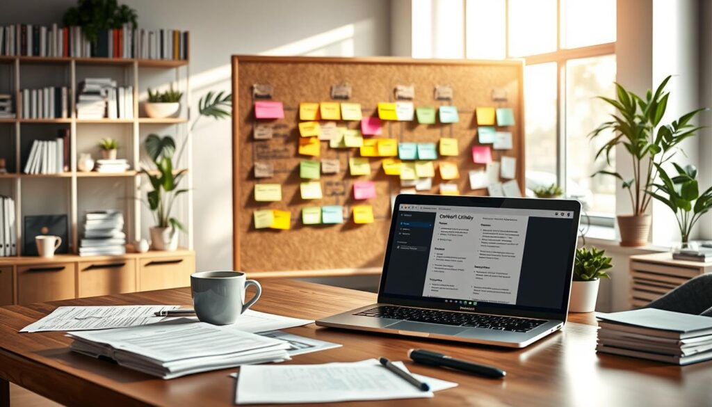 An organized workspace showcasing a quarterly content curation checklist. In the foreground, a sleek wooden desk is adorned with neatly arranged papers, a laptop with an open project management tool, and a steaming cup of coffee. In the middle, a large corkboard covered with colorful sticky notes, highlighting different themes and content ideas, signifies the brainstorming process. The background features a well-lit modern office setting with shelves filled with books and plants, creating a tranquil yet productive atmosphere. Natural light streams in through a large window, casting soft shadows. The scene conveys a sense of clarity and focus, emphasizing the importance of structured content curation efforts within a community resource library. An organized workspace showcasing a quarterly content curation checklist. In the foreground, a sleek wooden desk is adorned with neatly arranged papers, a laptop with an open project management tool, and a steaming cup of coffee. In the middle, a large corkboard covered with colorful sticky notes, highlighting different themes and content ideas, signifies the brainstorming process. The background features a well-lit modern office setting with shelves filled with books and plants, creating a tranquil yet productive atmosphere. Natural light streams in through a large window, casting soft shadows. The scene conveys a sense of clarity and focus, emphasizing the importance of structured content curation efforts within a community resource library.