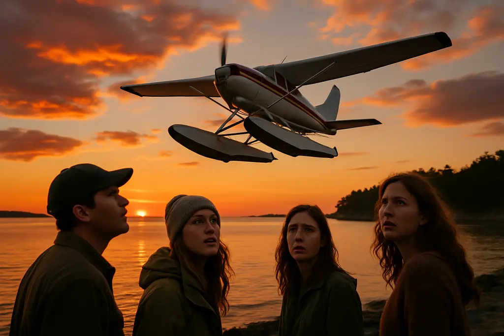 Float plane safety briefing before a small aircraft departs from a calm harbor