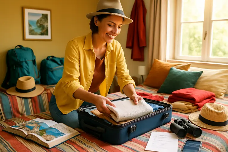 Open suitcase beside a notebook listing airports, dates, and flight costs
