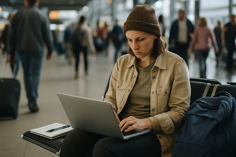 Traveler checking a flight status app while seated in a terminal