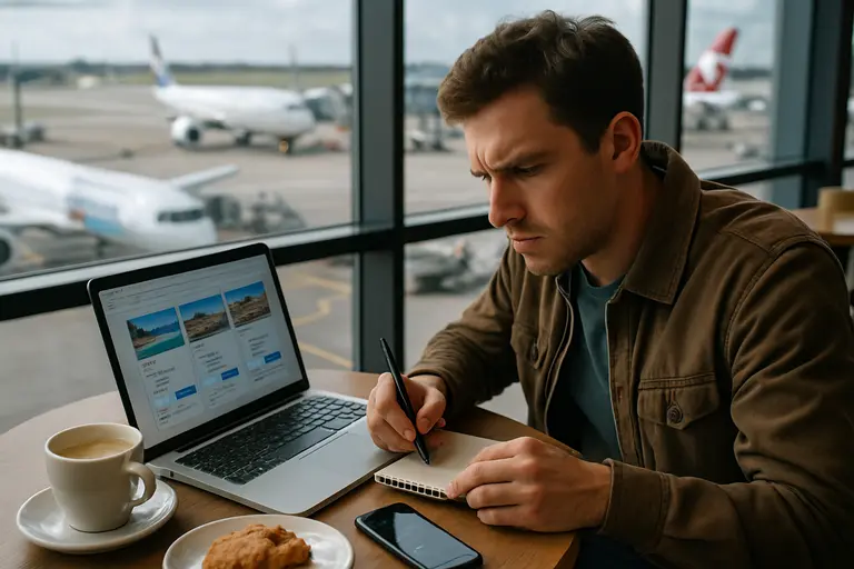 Traveler checking flight information inside a large airport departure hall