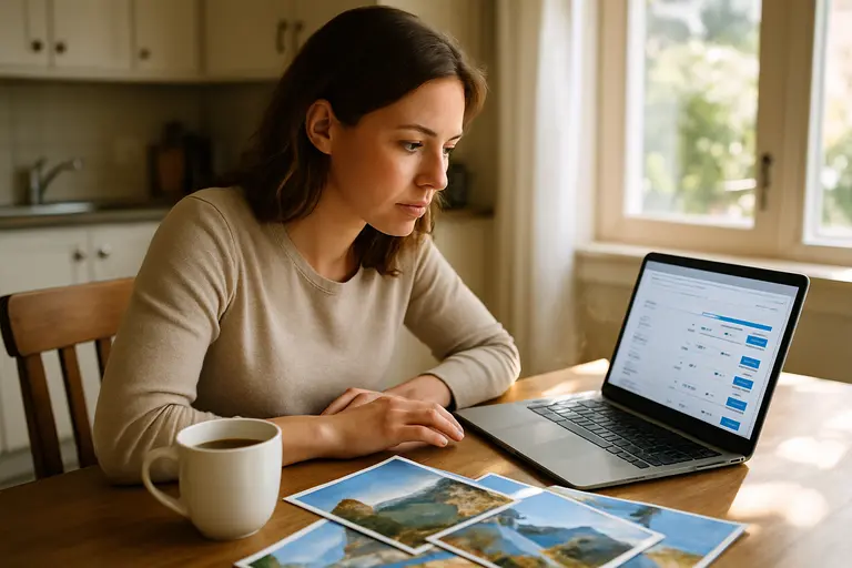 Traveler reviewing flight and hotel details on a laptop beside a passport