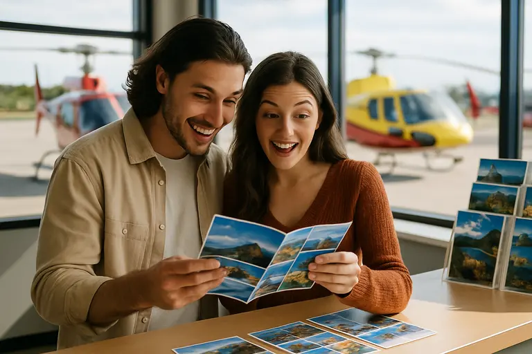 Travelers reviewing a helicopter tour desk before a sightseeing flight