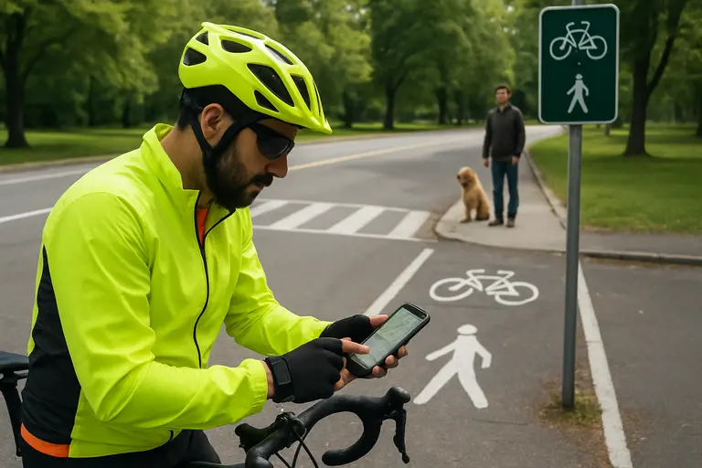 A shared path near a road crossing with trees in the background
