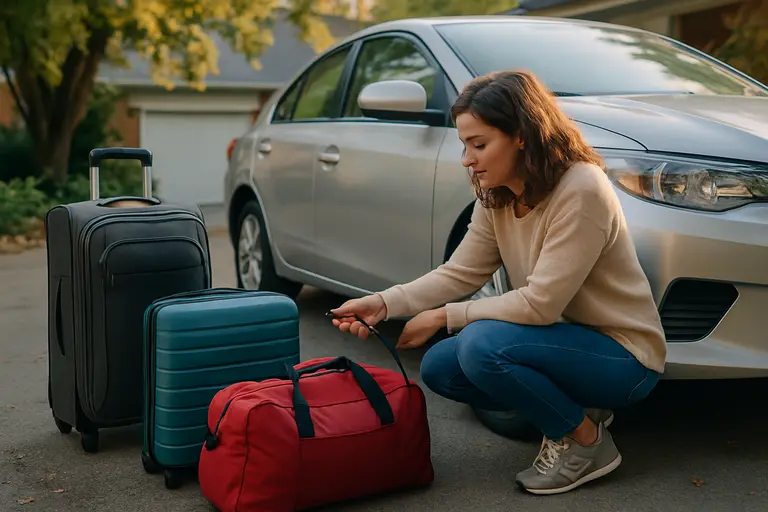 Driver checking tire pressure before a road trip