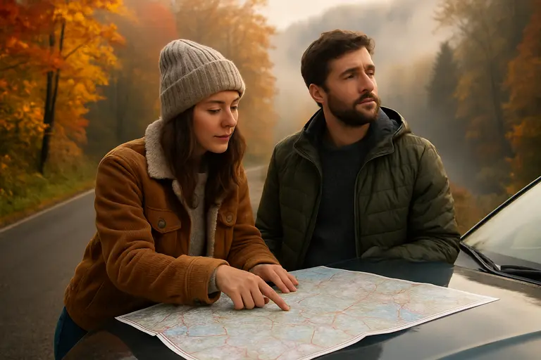 Driver reviewing a paper map beside a Blue Ridge mountain road