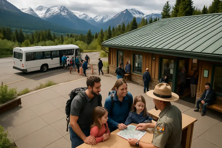 Travelers reviewing park information inside a visitor center