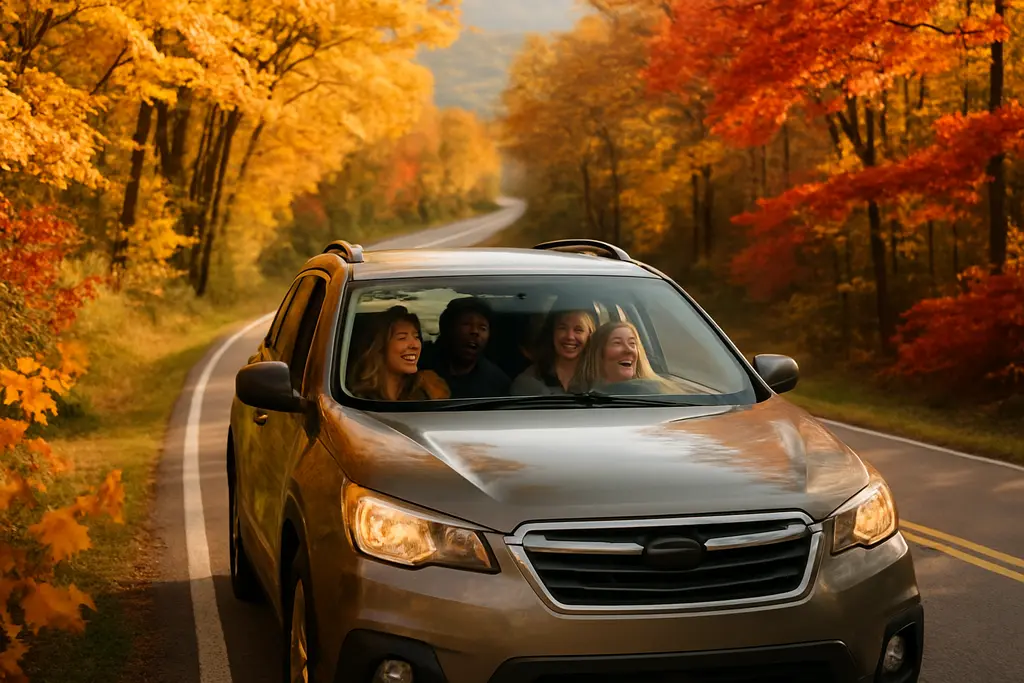 Blue Ridge Parkway Fall drive with layered mountain ridges and autumn color