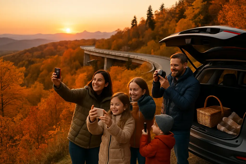 Blue Ridge Parkway curve through autumn forest in North Carolina mountains