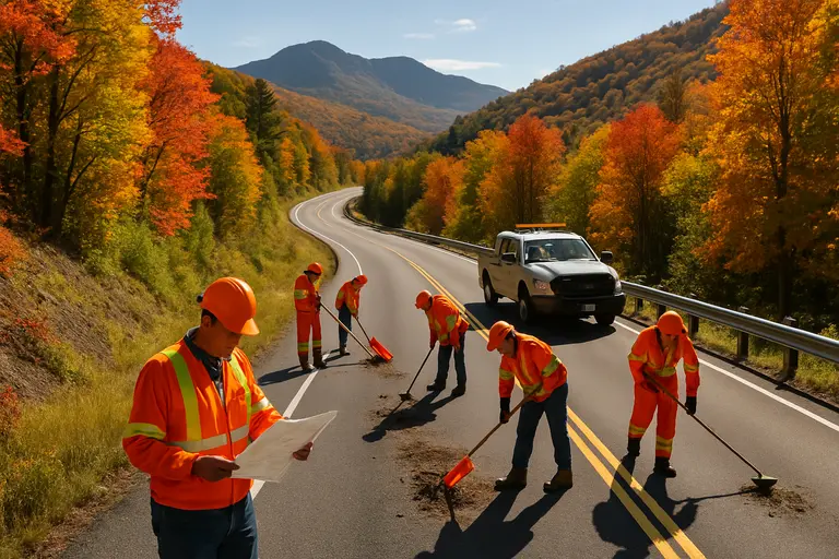Cars on a two lane mountain road bordered by autumn aspen trees