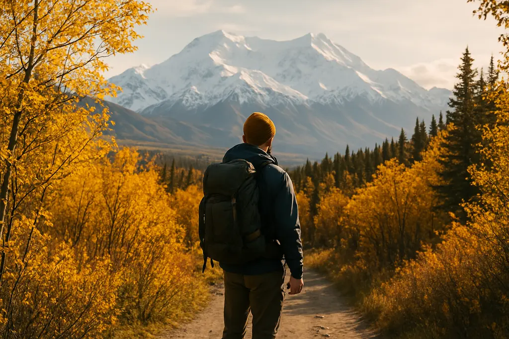 Denali Restricted Access road scene with autumn tundra and distant mountains