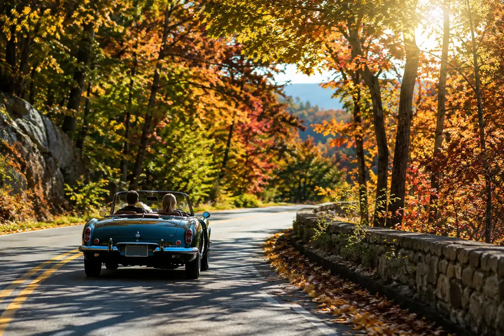 New England Scenic Drives passing autumn trees on a quiet rural road