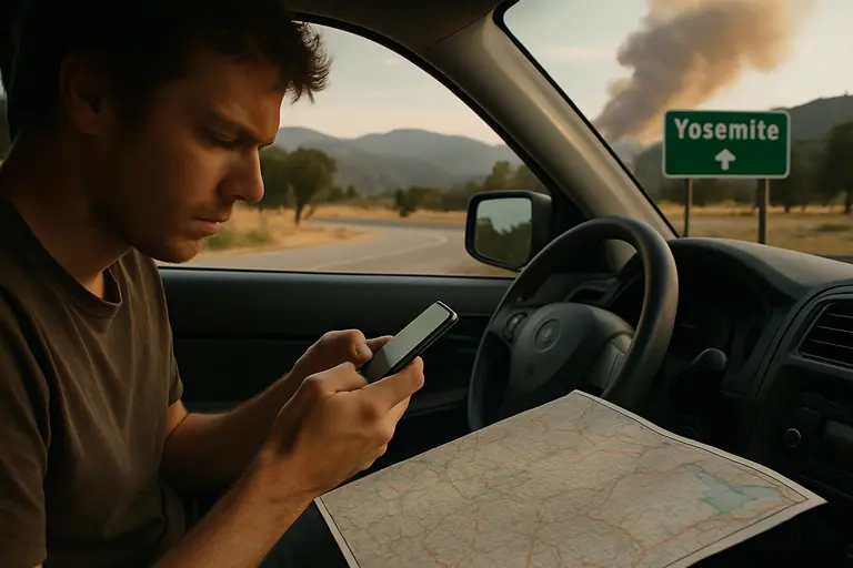 Traveler reviewing a park map on the hood of a car near forest roads