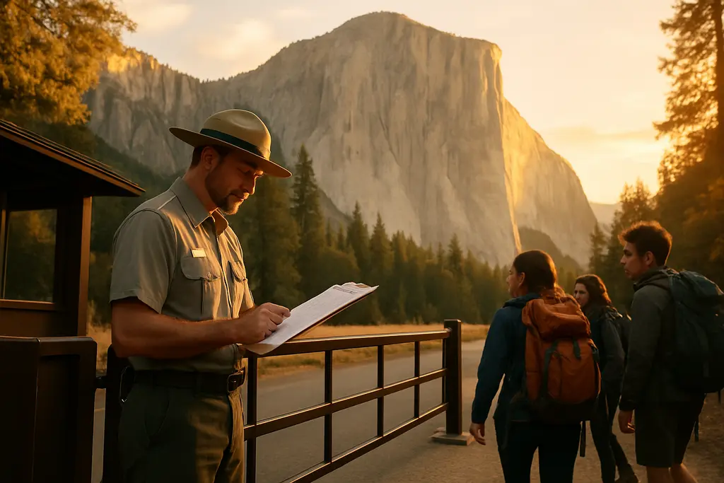 Yosemite conditions at a valley road with smoke haze and autumn trees