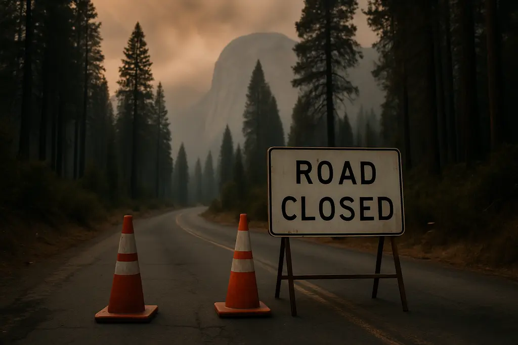 Yosemite Road Closures shown by a locked gate on a smoky forest road